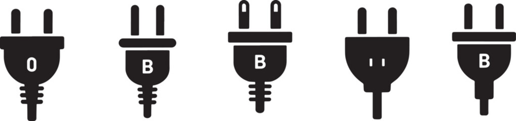 Set of black and white electric plug icons demonstrating various power socket types