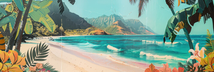 Panorama view of retro tropical beach with pop art abstract background. Generative ai.