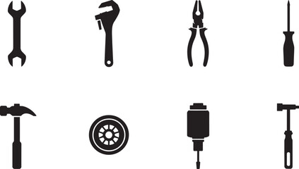 Silhouetted collection of essential repair and construction tools for various projects and applications