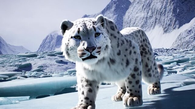 Snow leopard on frozen terrain