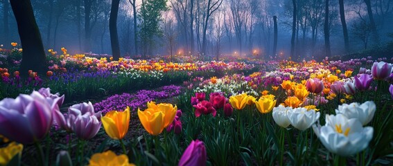 A photo of the tulip garden in spring, at night with fog and colorful lights. The park is full of trees and various flowers such as yellow daffodils,