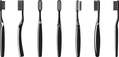 Various toothbrush designs illustrated in black and white for dental hygiene concepts