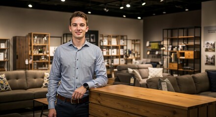 Young male sales consultant at a contemporary furniture store showcasing modern designs