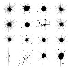 set of ink splashes, blood, stains, paint, vector, illustration, monochrome, black, customizable, halloween, thriller, horror, grunge, injury, gun