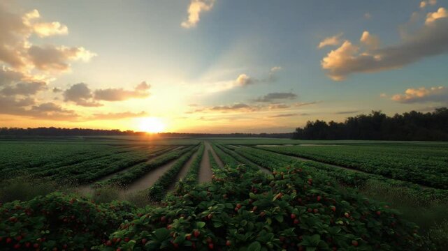 Early risers witness the sun rising over vibrant strawberry fields, casting golden light across rows of plants. A peaceful moment in nature filled with beauty and serenity