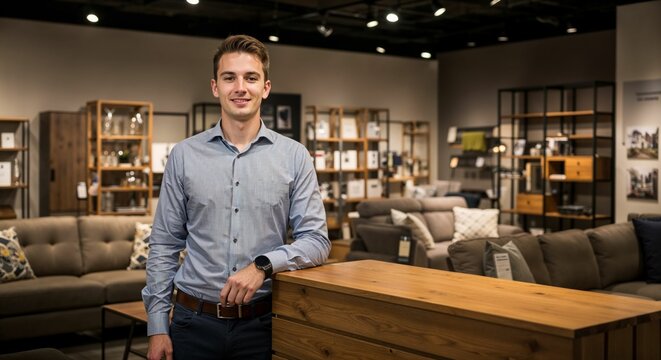 Young male sales consultant at a contemporary furniture store showcasing modern designs
