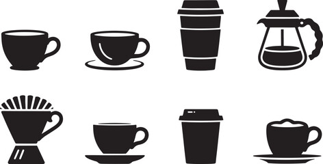 Vector silhouettes of various coffee cups and brewing equipment for cafe and beverage designs