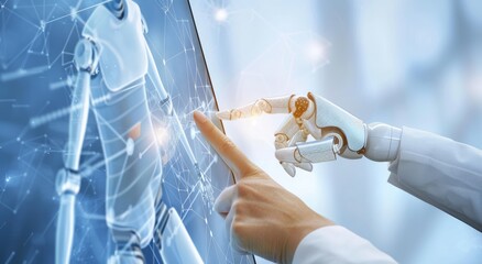 Photo of a human hand and robot finger touching a screen with digital network connections on a blue background