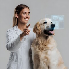 Veterinarian pointing to holographic health chart with golden retriever