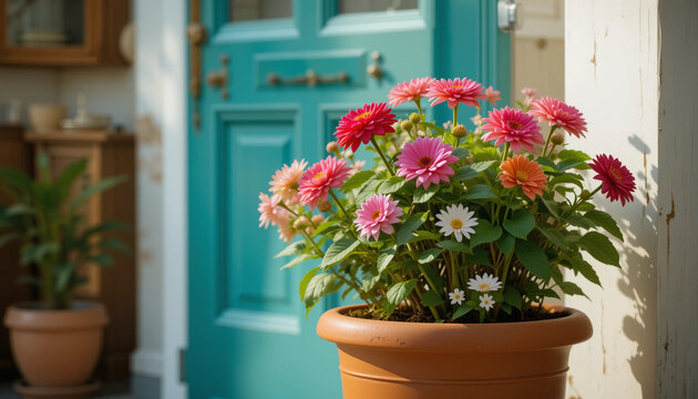 Flower pot in front of a living room door, Enhancing curb appeal, a potted plant at the door entrance creates welcoming atmosphere