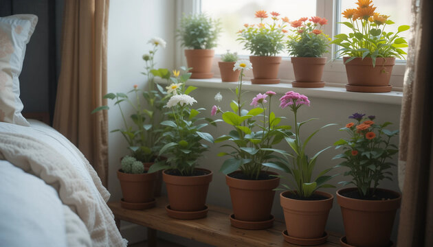 Flowers in pot in a bedroom corner, Sunny bedroom corner with plants on a windowsill and a bed with patterned bedding