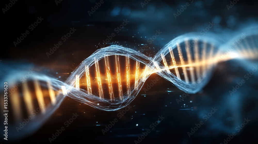 Aufkleber ai detector abstract representation of dna strands with glowing elements on a dark background.