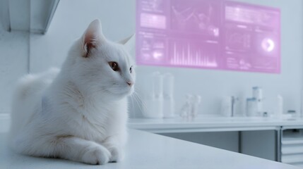 White cat sitting in front of a glowing health monitor dashboard in a clean lab
