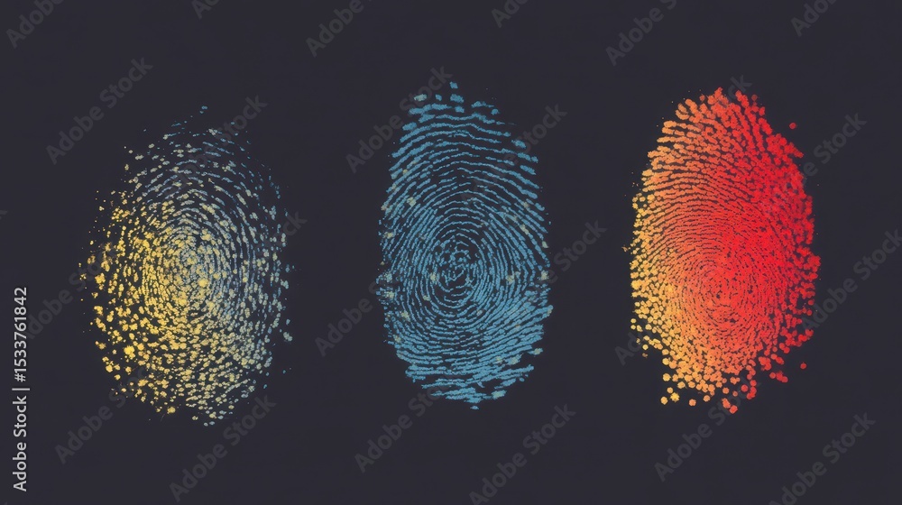 Poster ai detector three colorful fingerprints on a dark background, showcasing unique patterns and texture