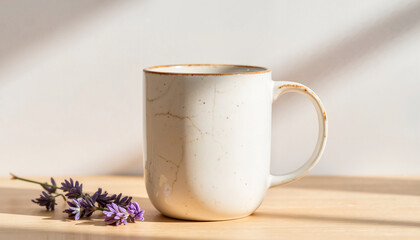 White ceramic mug beside lavender sprigs on wooden table
