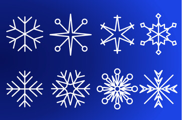 Collection Set of Eight Unique Snowflake Designs on a Vibrant Blue Background for Winter and Holiday Themes