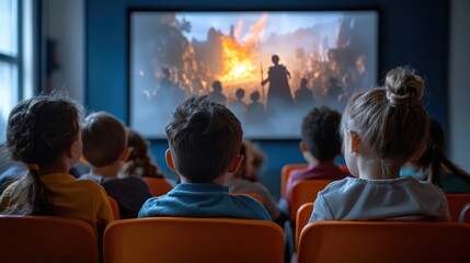 Fototapeta premium Children sitting in a theater, watching an intense scene on a large screen with fire and silhouettes.