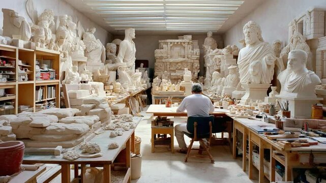 Sculptor's Studio: A lone sculptor sits amidst a vast collection of classical sculptures in a sunlit studio, a testament to artistry and dedication.