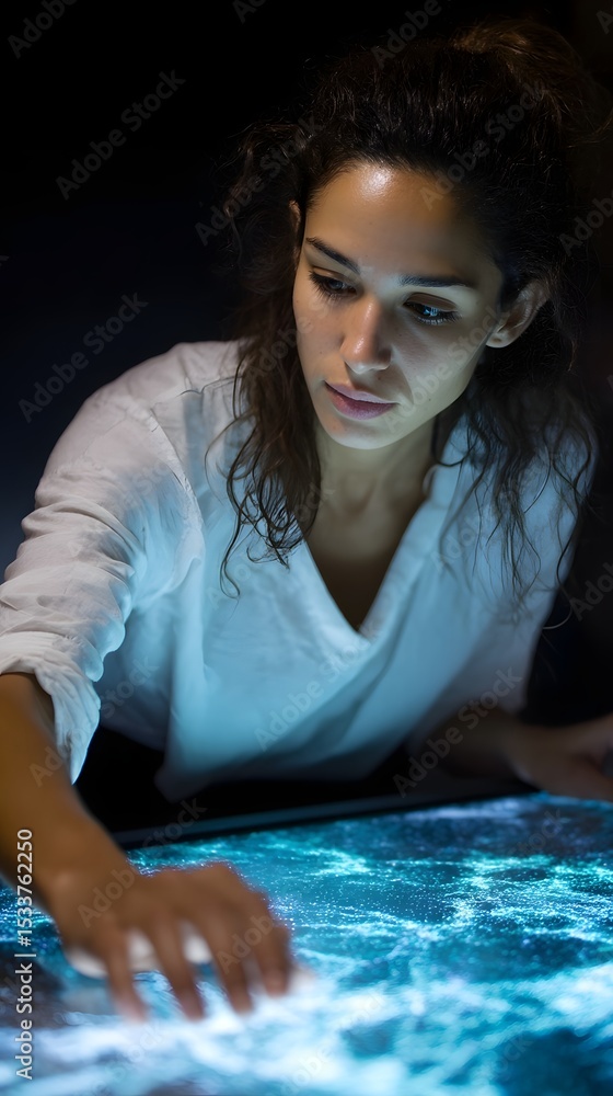Poster scientist analyzing pathogen spread simulation on a futuristic dashboard
