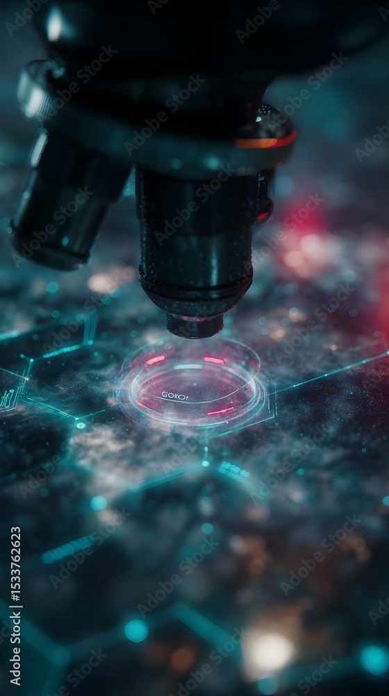 Poster futuristic microscope view with holographic pathogen labeling ui