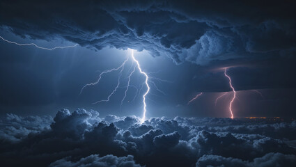 Dramatic thunderstorm with powerful lightning bolts striking through dark cumulus clouds at night