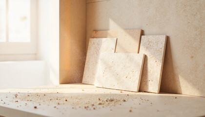Decorative tiles arranged on a countertop with natural light