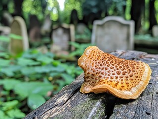 A photograph of an ugly, deformed brownish-gold mushroom growing on the ground in front of tombstones at a cemetery,