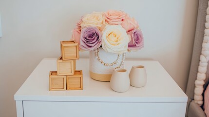 an elegant and minimalistic flower arrangement on top of the dresser