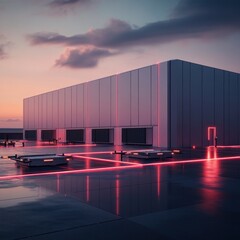 Futuristic Warehouse at Sunset, Automated Logistics and Neon Glow