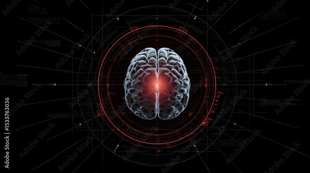 Poster ai detector neon brain illustration with digital circuit elements on a dark background.