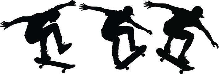 Skateboarder Trick Action Sequence Silhouette Design, Transparent Background.