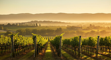 Fototapeta premium Lush vineyard landscape at sunrise, showcasing rows of grapevines stretching towards distant hills, bathed in warm golden light, creating a serene and picturesque rural scene