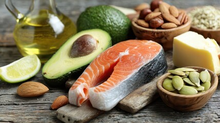 Wooden surface displaying salmon, avocado, nuts, seeds, butter, olive oil, and lime highlighting nutrient dense foods rich in beneficial omega 3 and healthy fats