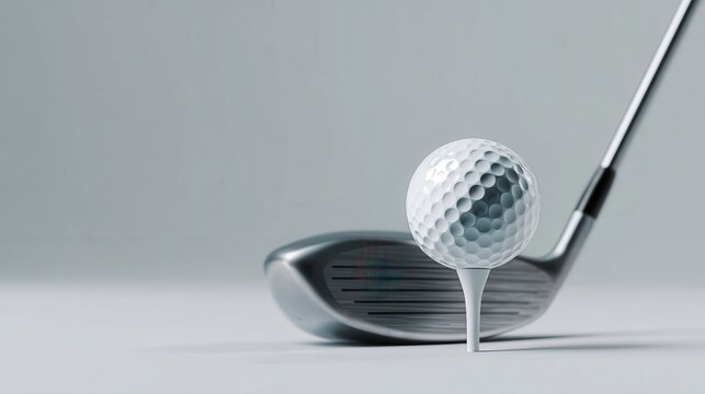 Professional golf club beside dimpled ball on pristine tee, waiting at manicured course, embodying precision and anticipation of golf performance