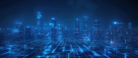 Futuristic cityscape background with glowing blue lights and digital grid lines on a dark blue background, vector illustration.