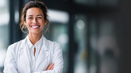 Confident female medical professional standing with crossed arms, radiating expertise and professionalism in clinical environment