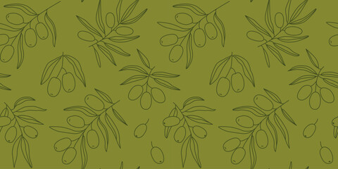 Outline olives leaves seamless background. Hand drawn olives contour. Linear botanical drawing. Abstract pattern, banner, digital paper. Greek, Italian, Spanish farming. Vector.