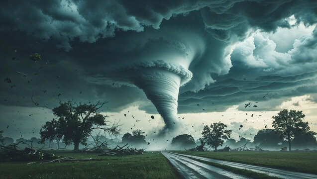 Dramatic tornado forming under dark stormy skies with debris flying across the landscape