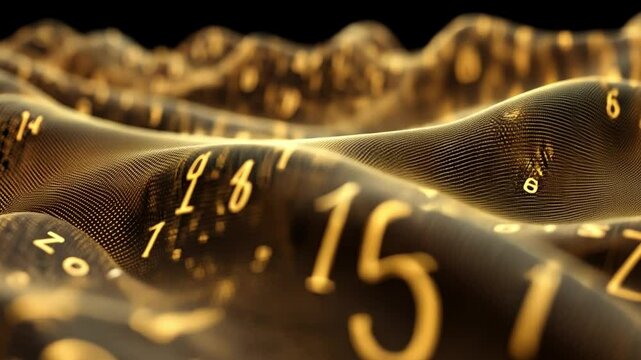 Digitized Waves: Golden numerical figures undulate across a textured plane, illustrating the flow of data.  The image is imbued with a sense of computational elegance and technical sophistication. 