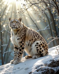 Obraz premium Majestic Snow Leopard Sitting on Rocky Surface in Winter Landscape
