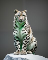 Naklejka premium Snow Leopard Sitting Confidently on Rock Against Neutral Background