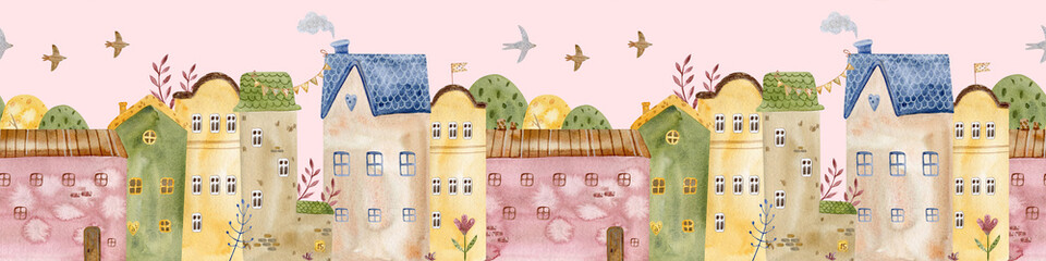 Charming seamless watercolor pattern with cozy village houses, trees, and birds on a pink sky background. Architectural seamless border pattern. Perfect for kids' designs, textiles, and nursery decor