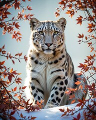 Obraz premium Majestic Snow Leopard Surrounded by Vibrant Autumn Leaves in Nature