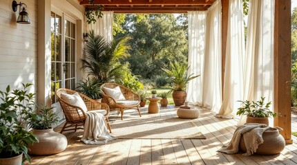 Bright rustic-modern outdoor living space with cozy comfort and natural elements