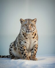 Naklejka premium Majestic Snow Leopard Sitting on Snowy Surface in Soft Light