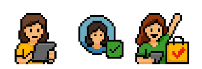Fototapeta premium Pixel art women with tablet and shopping bags