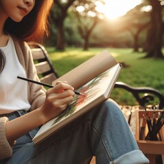 Woman Drawing Picture on Bench Generative for AI