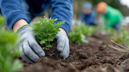 Naklejka premium Hands gently planting young tree sapling into rich soil during community gardening activity focused on nature conservation and sustainability, green initiative, climate action, earth care, tree plan