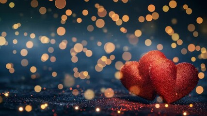 Two red glitter heart close up on dark blue background with bokeh light. Love Valentine's Day concept for greeting card footage. - Powered by Adobe