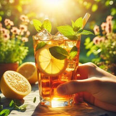 Refreshing Glass of Tea with Lemon and Mint Generative for AI